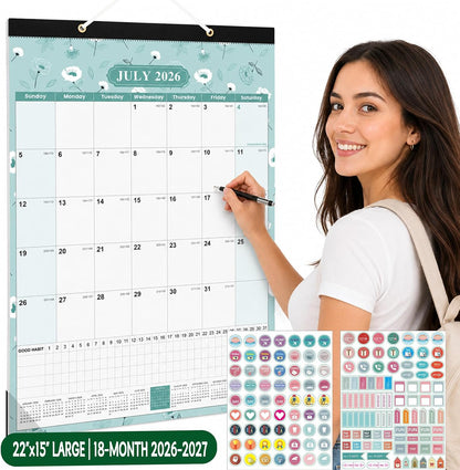 Large Wall Calendar 2026-2027, 18-Month Wall Calendar from July 2026 to December 2027, 15" x 22" 2026 Wall Calendar with Spacious Blocks, Julian Dates, Habit Tracker & Full-Year Reference for Home Office School Colorful