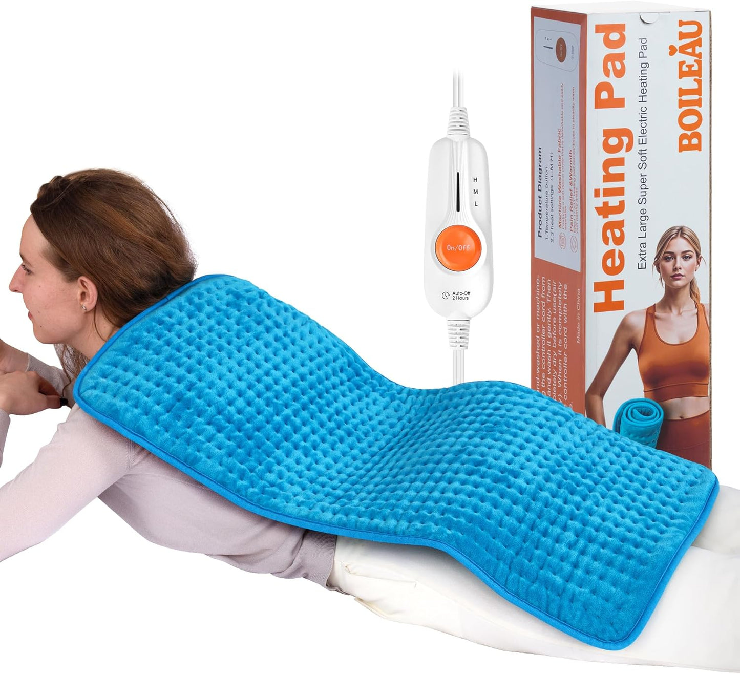 Boileau Electric Heating Pad for Back Pain and Period Cramps Relief, FSA Eligible17 x33 Extra Large XXXL, HSA 3 Heating Levels Heat Pad with 2-Hour Auto Shut Off, Gifts for Women and Mom, Blue