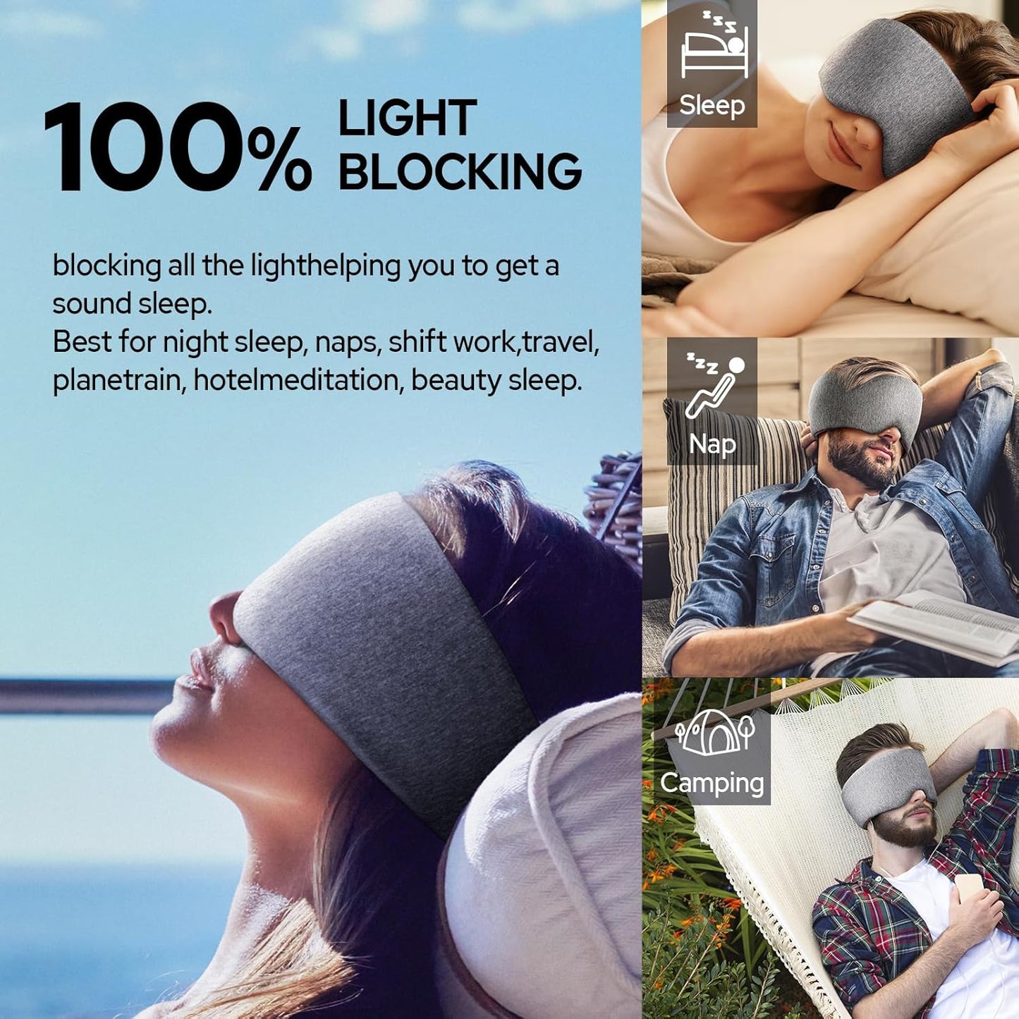 Cotton Sleep Eye Mask for Men Women, 100% Blocking Light Sleeping Mask for Side Sleeper, Soft Zero Pressure Cooling Blackout Eye Masks for Sleep, Eye Covers for Sleeping fits All Heads Adjustable