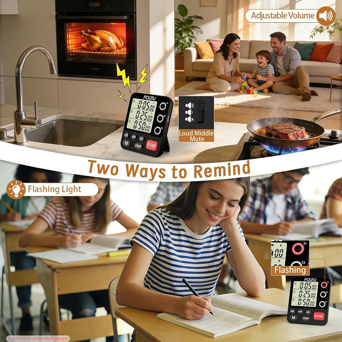Digital Dual Kitchen Timer, 3-Channel Magnetic Countdown Timer for Cooking