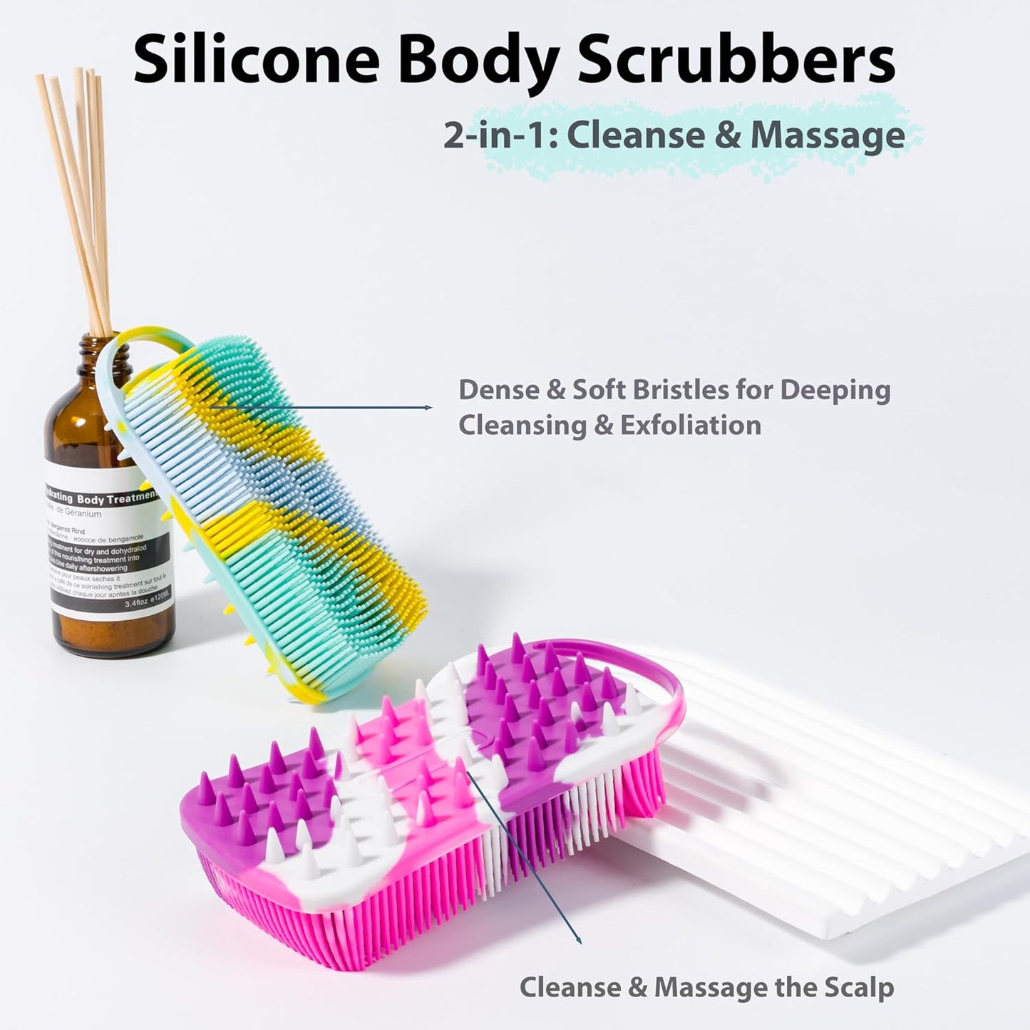 MtBoi 2 PC Silicone Body Scrubber, 2 in 1 Exfoliating Shower Bath Scrubber, Soft Silicone Loofah for Sensitive Skin, Shower Hair Scalp Massager, Easy to Clean, Lather Well (Grey&Black)