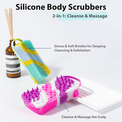 MtBoi 2 PC Silicone Body Scrubber, 2 in 1 Exfoliating Shower Bath Scrubber, Soft Silicone Loofah for Sensitive Skin, Shower Hair Scalp Massager, Easy to Clean, Lather Well (Grey&Black)