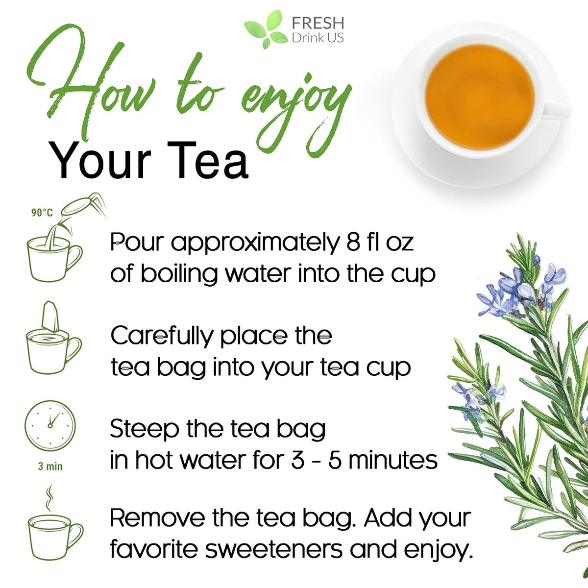 FRESHDRINKUS, 31 Rosemary Leaf Tea Bags, 100% Natural and Pure Rosemary Dried Leaves, Pure Herbal Tea, No Additives, No Caffeine, No Gluten, Vegan.