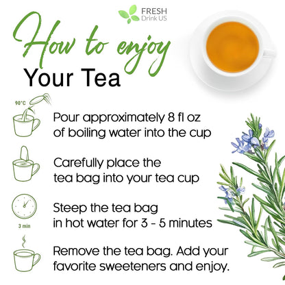 FRESHDRINKUS, 31 Rosemary Leaf Tea Bags, 100% Natural and Pure Rosemary Dried Leaves, Pure Herbal Tea, No Additives, No Caffeine, No Gluten, Vegan.
