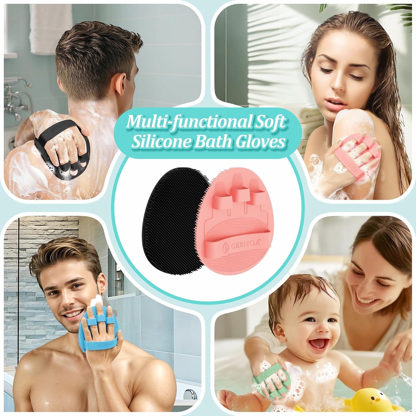 Silicone Back Scrubber & Bath Glove Set 2PCS, 13.4'' Gentle Shower Back Scrubber with Dual-Side Head Non-Slip Handle, 360° Anti-Slip Hand-fit Bath Glove for Rich Foaming Deep Cleaning(Black)