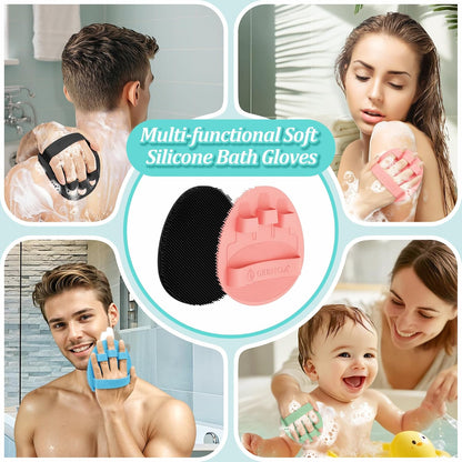 Silicone Back Scrubber & Bath Glove Set 2PCS, 13.4'' Gentle Shower Back Scrubber with Dual-Side Head Non-Slip Handle, 360° Anti-Slip Hand-fit Bath Glove for Rich Foaming Deep Cleaning(Black)