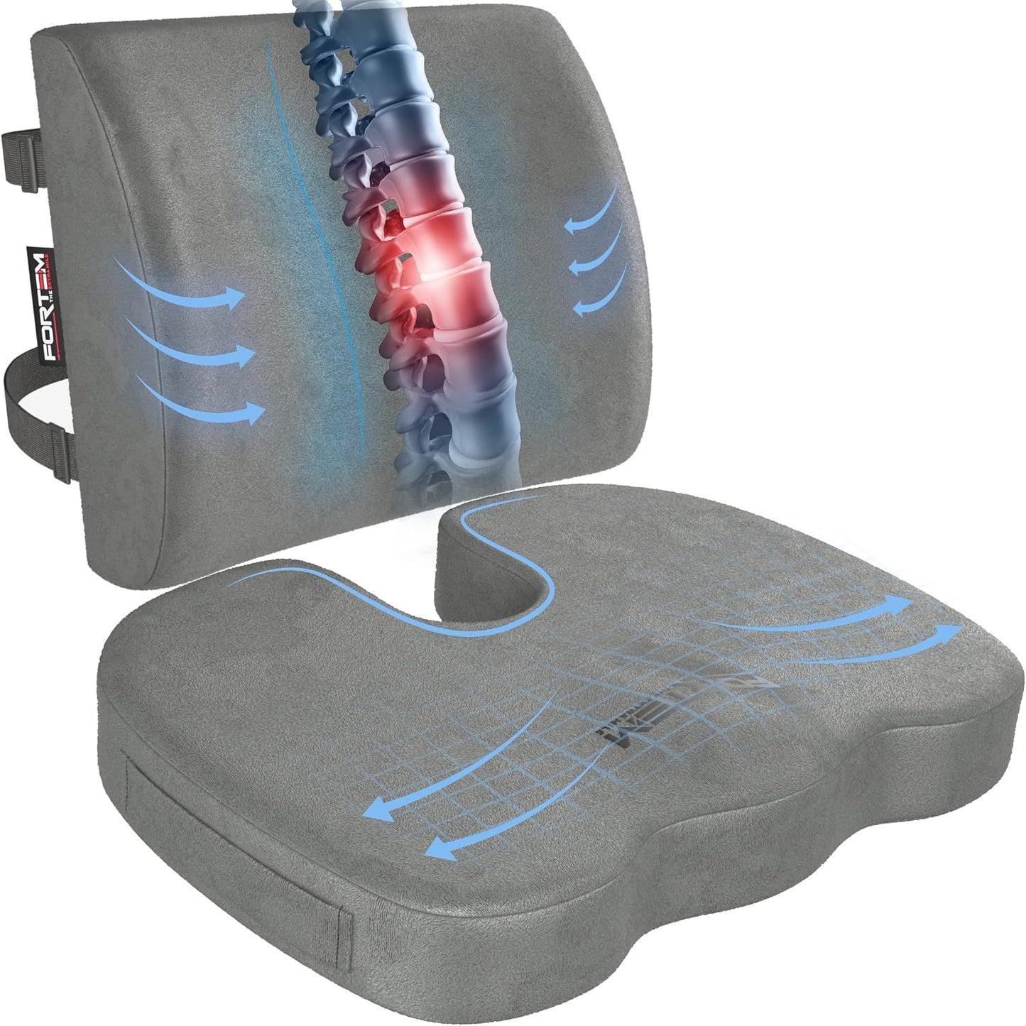 FORTEM Seat Cushion, Office Chair Cushion, Lumbar Support Pillow for Office Chair, Memory Foam Car Seat Cushions, Sciatica Coccyx Tailbone Pain Relief, Cushions for Back Support, Washable, Non Slip