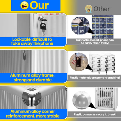 LOCKCURX 24-Slot Cell Phone Locker with Lock & Key, Heavy Duty Aluminum Acrylic Cell Phone Lock Box, Wall Mount Phone Locker Secure, Phone Jail for Classroom Office Retail, Silver