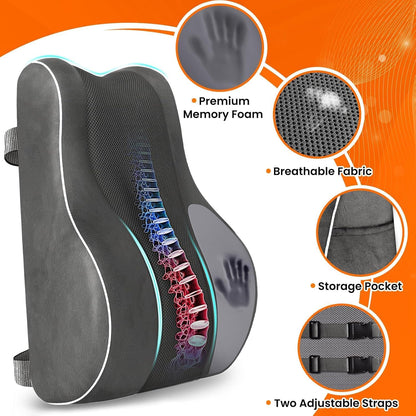 CloudBliss Ergonomic Lumbar Support Pillow – Memory Foam for Lower Back Pain Relief, Adjustable Straps & Mesh Cover for Office, Gaming, Car Seat & Home Essentials (Black)