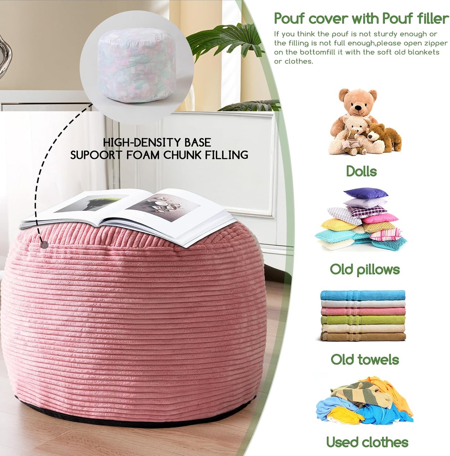 HIGOGOGO Round Stuffed Pouf Ottoman, Corduroy Poufs with Foam Chunk Filling, Furry and Fluffy Pouf Foot Stool Storage Ottoman, 20 X 15 Floor Poufs Foot Rest for Living Room, Dark Grey