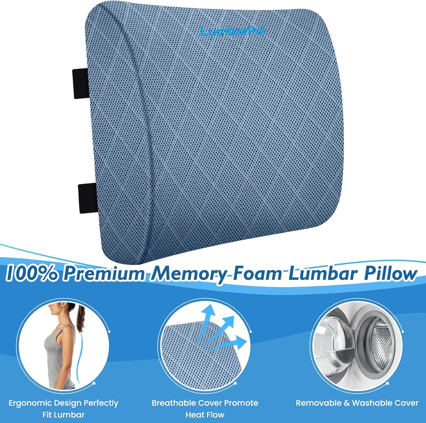 Lumbar Support Pillow for Office Chair Back Support Lumbar Pillow for Car, Gaming, Office Chair - Improve Sitting Posture & Back Pain Relief, Memory Foam, Adjustable Straps, Grey