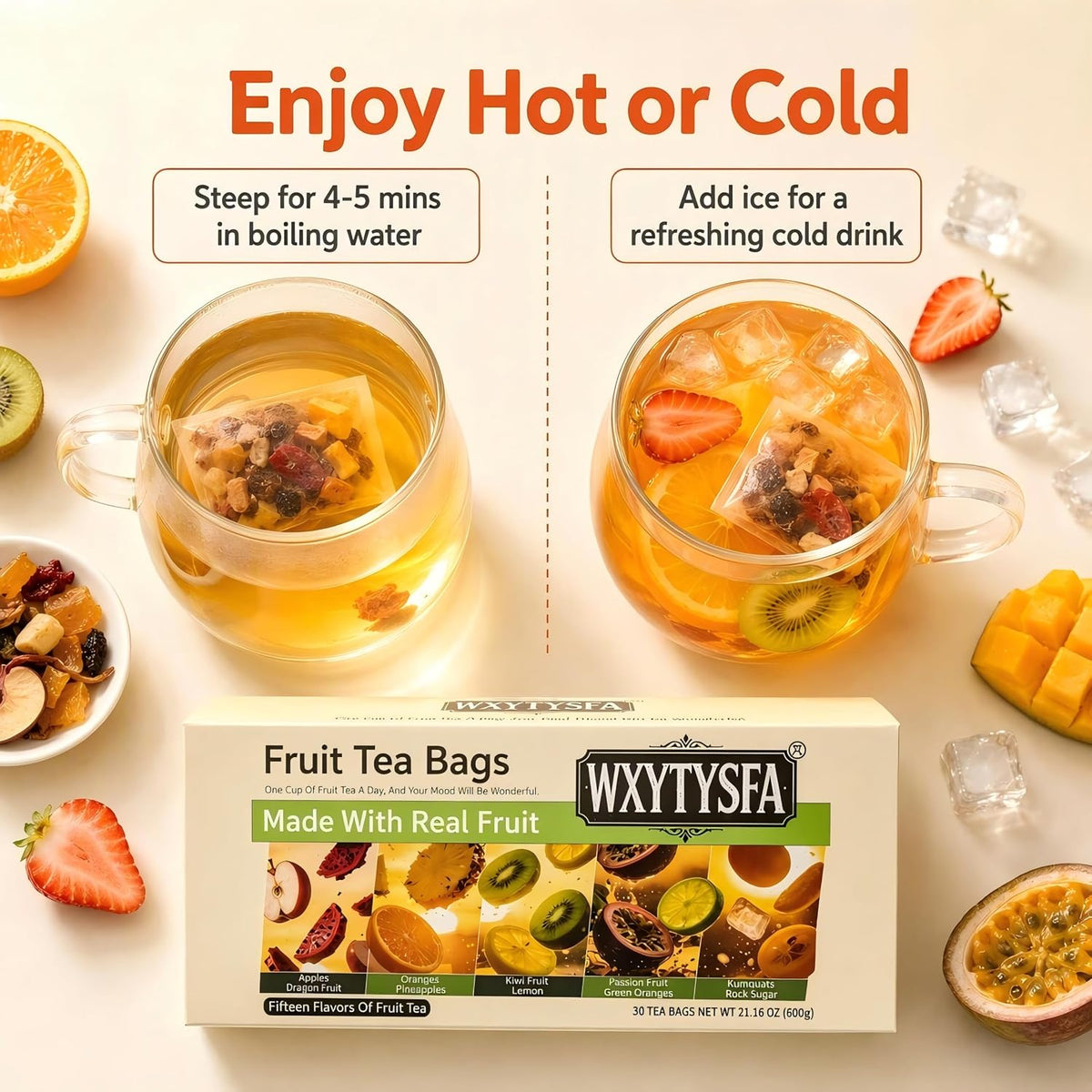 Fruit Tea Gift Box - 30 Indiv Wrapped Bags, Caffeine-Free, 1.35lbs