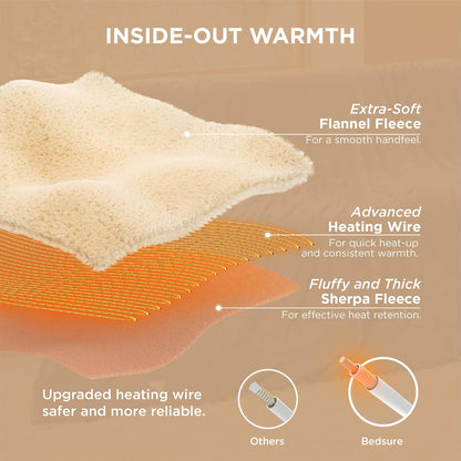 Bedsure Heated Blanket Throw Blanket with Preheat Function - Fast Heating Electric Blanket, Soft Flannel Throw with 6 Time Settings(Up to 10H), 6 Heating Settings, Gifts for Grandma (50"x60", Cream)