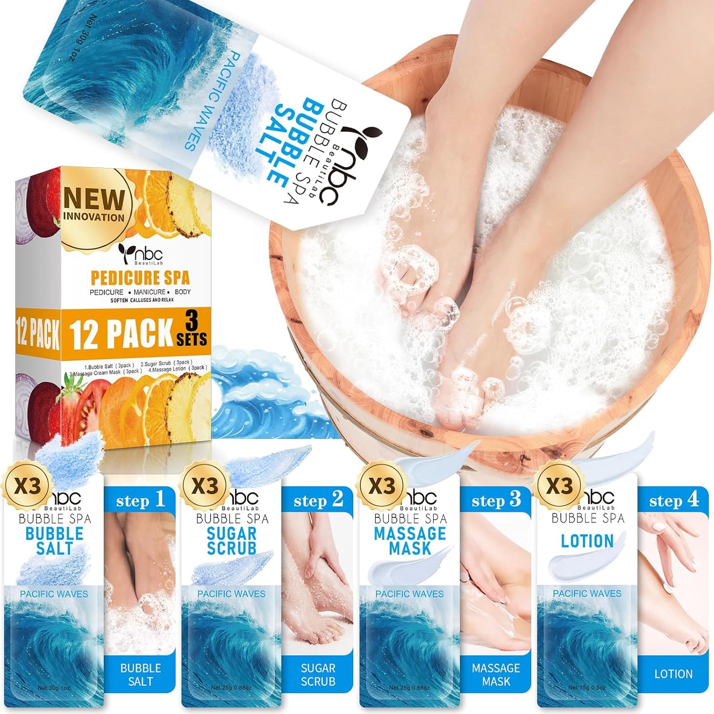 Pedicure Kit Foot Soak Set: Bubble Salt, Sugar Scrub, Massage Mask, Massage Lotion in a Box, 4 Step Foot Spa Kit for Dry Feet, Softens Calluses, Tired Feet（3 Set Lavender) - Colors A