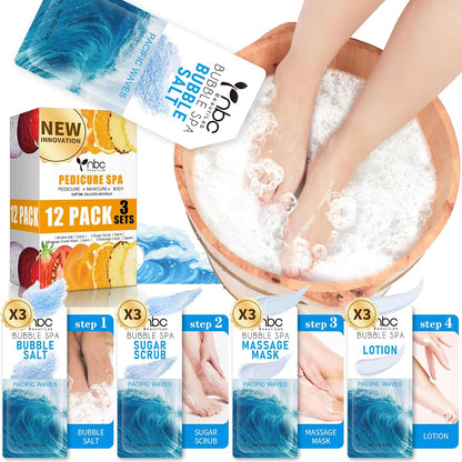 Pedicure Kit Foot Soak Set: Bubble Salt, Sugar Scrub, Massage Mask, Massage Lotion in a Box, 4 Step Foot Spa Kit for Dry Feet, Softens Calluses, Tired Feet（3 Set Lavender) - Colors A