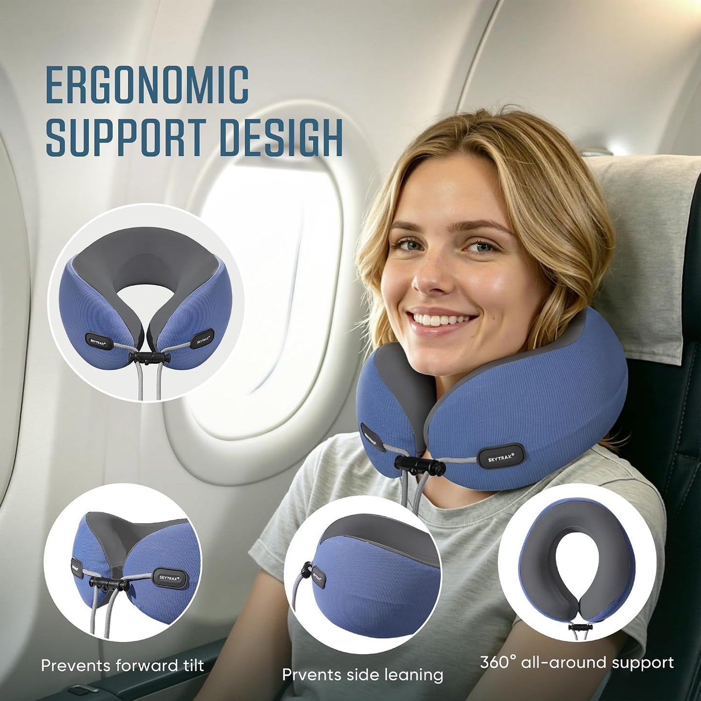SKYTRAX COMF® Premium Ergonomic Memory Foam Travel Neck Pillow, Washable Cooling Ice Silk Cover, Firm Neck Support for Airplane Long Flights & Pain Relief, with Portable Carry Case (Grey)