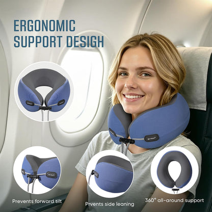 SKYTRAX COMF® Premium Ergonomic Memory Foam Travel Neck Pillow, Washable Cooling Ice Silk Cover, Firm Neck Support for Airplane Long Flights & Pain Relief, with Portable Carry Case (Grey)
