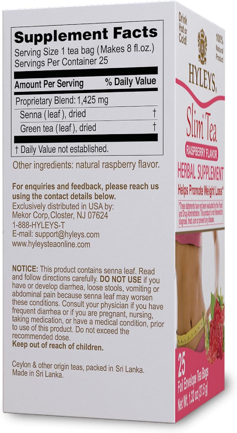 HYLEYS Slim Tea Raspberry Flavor, Detox Tea for Weight Loss, 25 Tea Bags
