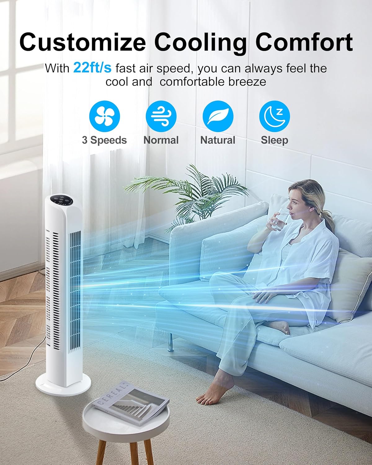 Uthfy Oscillating Tower Fan for Bedroom, Portable Standing Fan with Remote, 3 Modes 3 Speeds, 7.5H Timer, 120° Quiet Cooling for Living room, Office, Black
