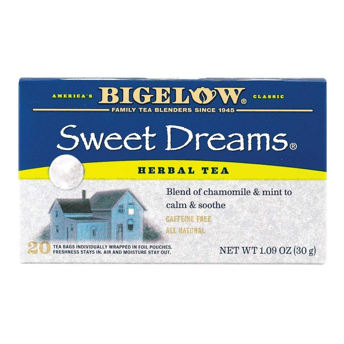 Bigelow Sweet Dreams Herbal Tea 28-Count Box (Pack of 1) Relaxing Blend of Chamomile & Mint Caffeine-Free Nighttime Herbal Tea in Individual Foil-Wrapped Bags