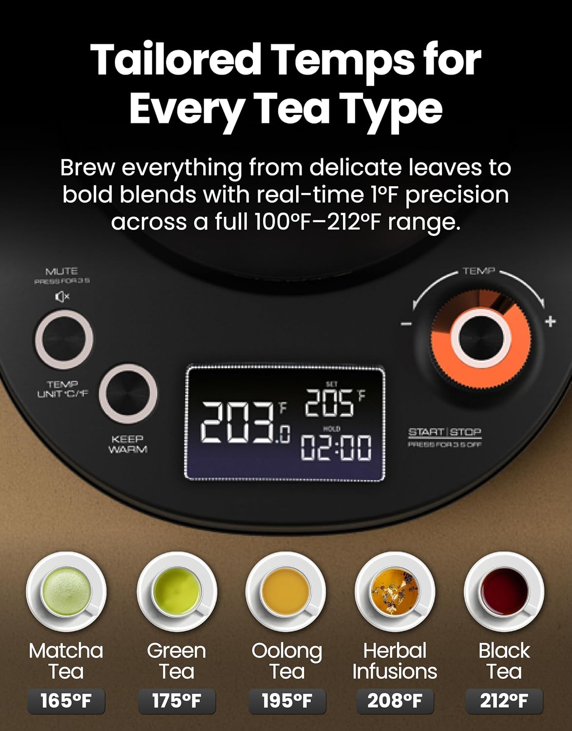 Viante Alba Electric Tea Kettle with Infuser, No Plastic In Contact With Water, 1.5L Borosilicate Glass, 304 Stainless Steel, 4 Temperature Presets, Keep Warm, Cordless, Auto Shut-Off