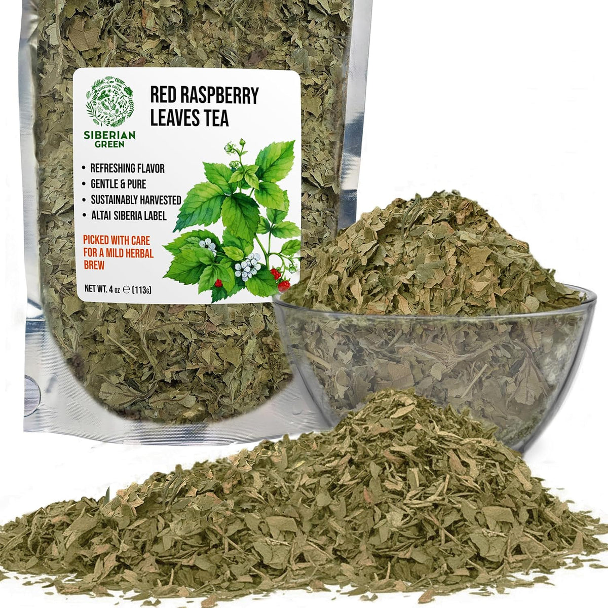 Siberian Green Wild Harvested Red Raspberry Leaves Tea 113g (4 oz) - Mild Sweet Flavor Tea Rubus idaeus Herbal Botanical