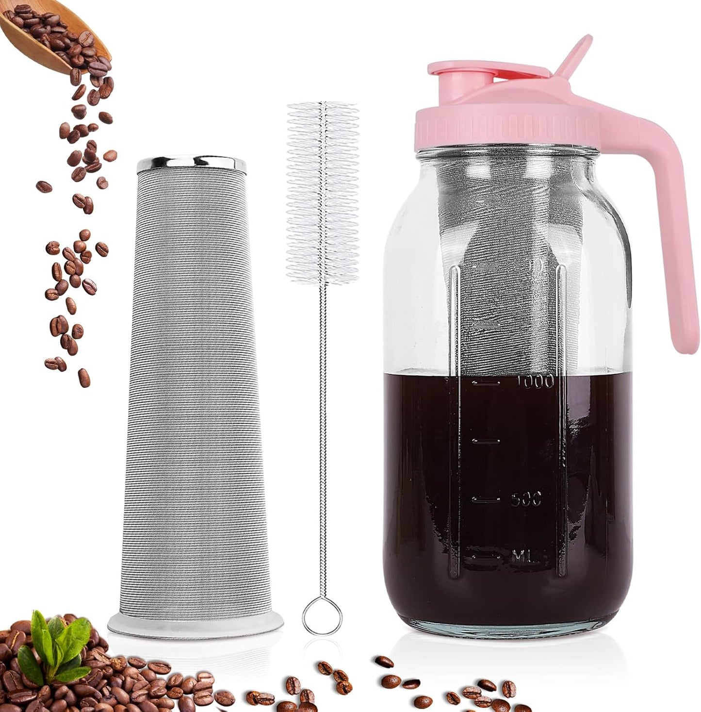 Cold Brew Coffee Maker,64 oz Mason Jar Pitcher with Stainless Steel Filter, Pour Spout Handle Lid, Heavy Duty Glass Airtight & Leak-Proof for Iced Coffee,Tea & Lemonade