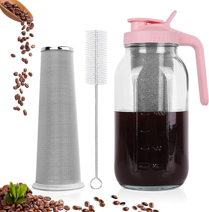 Cold Brew Coffee Maker,64 oz Mason Jar Pitcher with Stainless Steel Filter, Pour Spout Handle Lid, Heavy Duty Glass Airtight & Leak-Proof for Iced Coffee,Tea & Lemonade