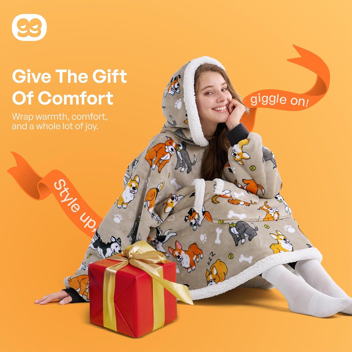Giggling Getup Wearable Blanket Hoodie for Adults Gifts for Teen Girls Sister Women Sherpa Fleece Printed Hooded Blanket Sweatshirt Warm Cozy with Pocket & Sleeves Beige Cat