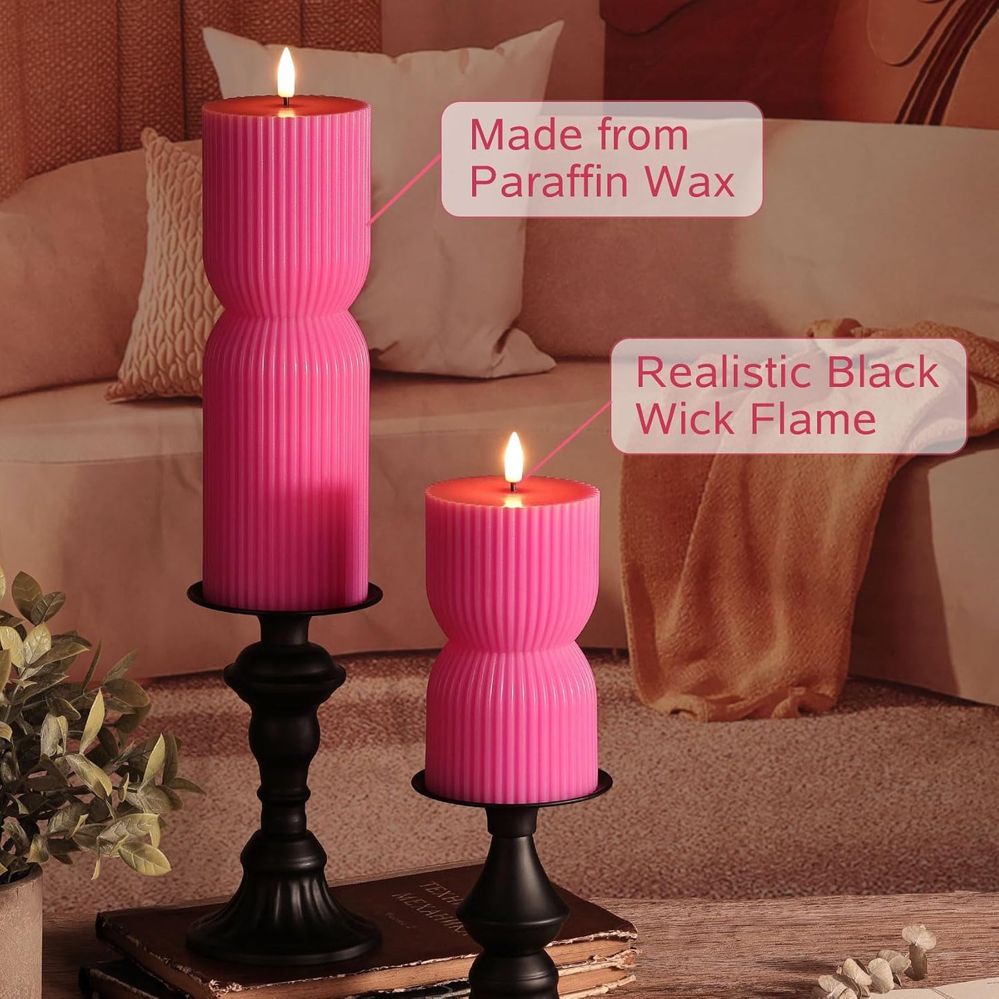 White Ribbed Flameless Pillar Candles with Remote, Real Wax Flickering Battery LED Candles Set of 2