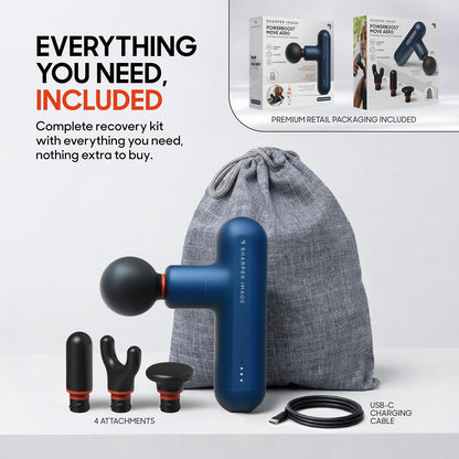 Sharper Image Deep Tissue Percussion Massage Gun, Powerboost Move Evo Hot & Cold Rechargeable Handheld Massager, 4 Adjustable Speeds, 5 Attachment Heads & Carrying Case, for Muscle Pain Relief, Blue