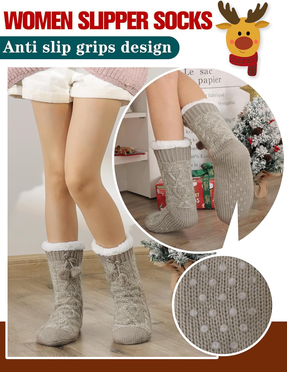 Welwoos Womens Slipper Fuzzy Grips Socks Fluffy Winter Warm Thick Thermal Cozy Plush Non Slip Cabin Soft Fleece Socks