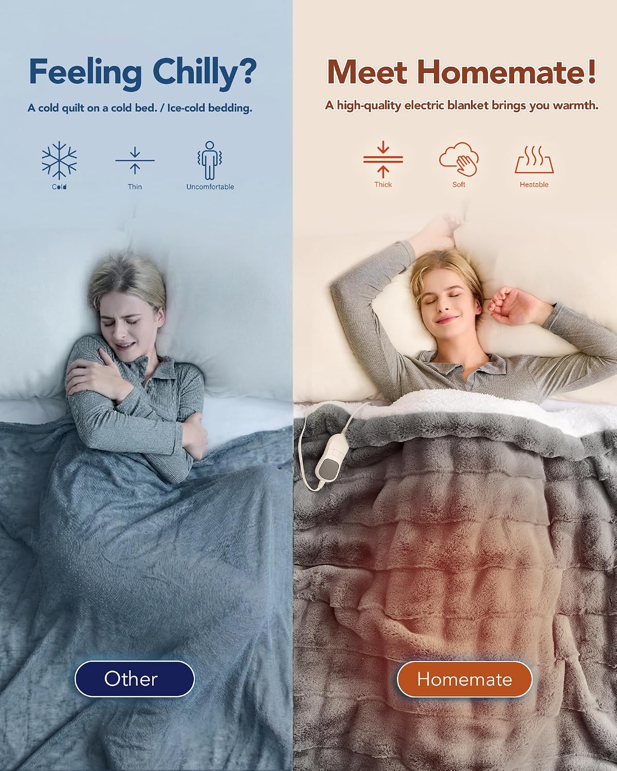 Homemate Electric Heated Blanket Twin - 62"x84" Heating Bed Blankets Throw with 10 Heating Levels 8 Hours Auto Off Fast Heating Over-Heated Protection Ultra Soft Warm Flannel ETL Certified Grey - Colors A