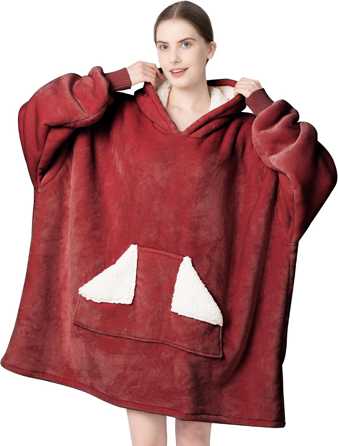 Touchat Wearable Blanket Hoodie, Oversized Sherpa Blanket Sweatshirt with Hood Pocket and Sleeves, Super Soft Warm Plush Hooded Blanket for Adult Women Men, One Size Fits All (Pink)