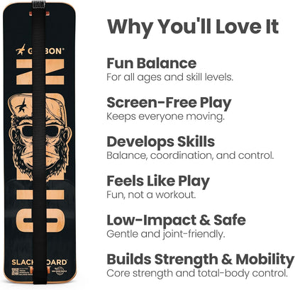 GIBBON SlackBoard - GiBoard Balance Board - Gift for Kids & Adults - 1 & 2 Line Options - Slackline Balance Trainer for Core Workouts, Standing Desk Exercise, Home Gym, Yoga & More