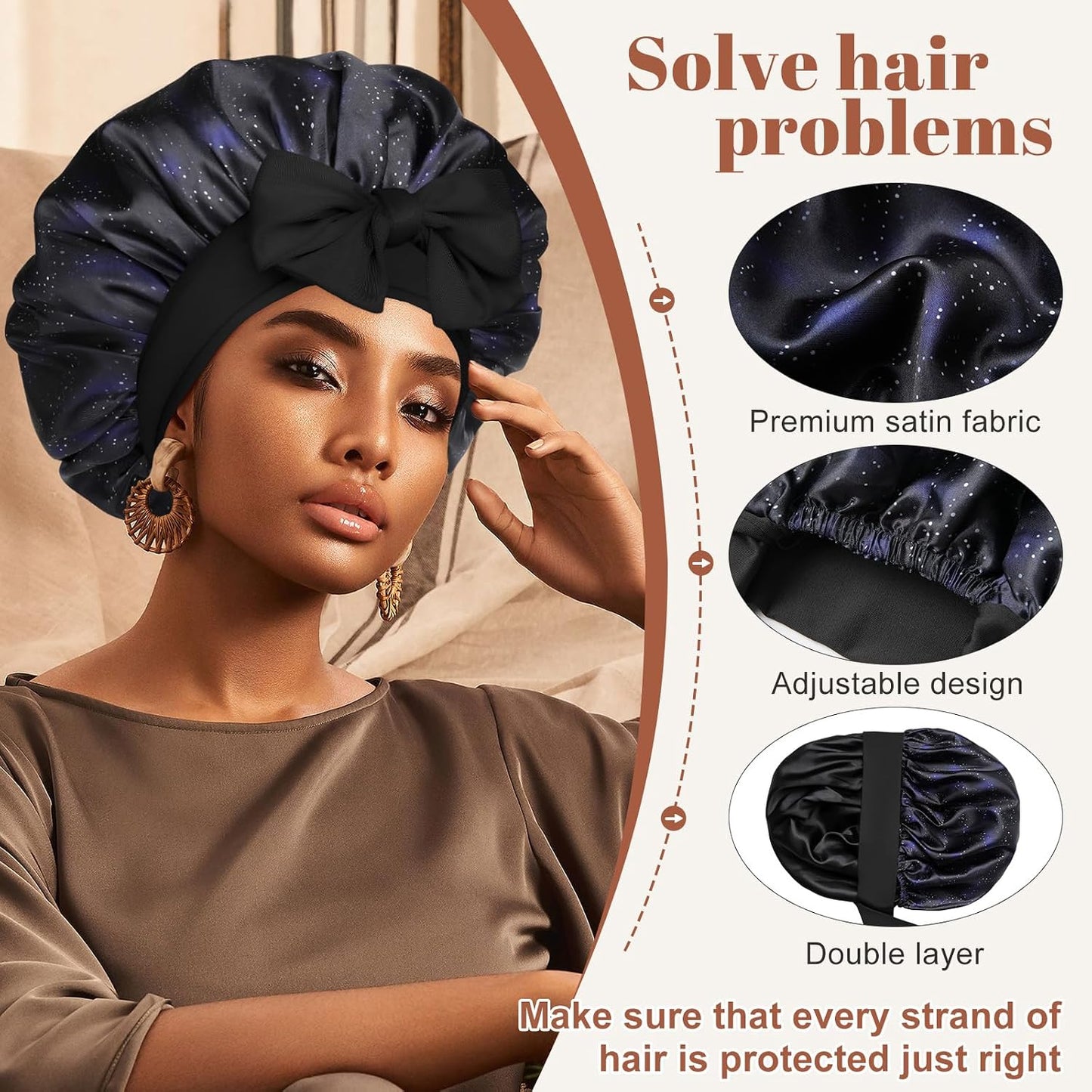 Satin Bonnet for Sleeping Cap Double Layer Hair Bonnet with Elastic Tie Band for Curly Hair Night Cap (Bean Paste + Pink)