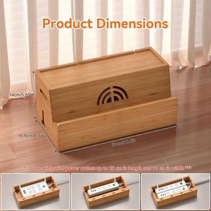 Bamboo Cable Management Box, White, 31X14X15.5CM