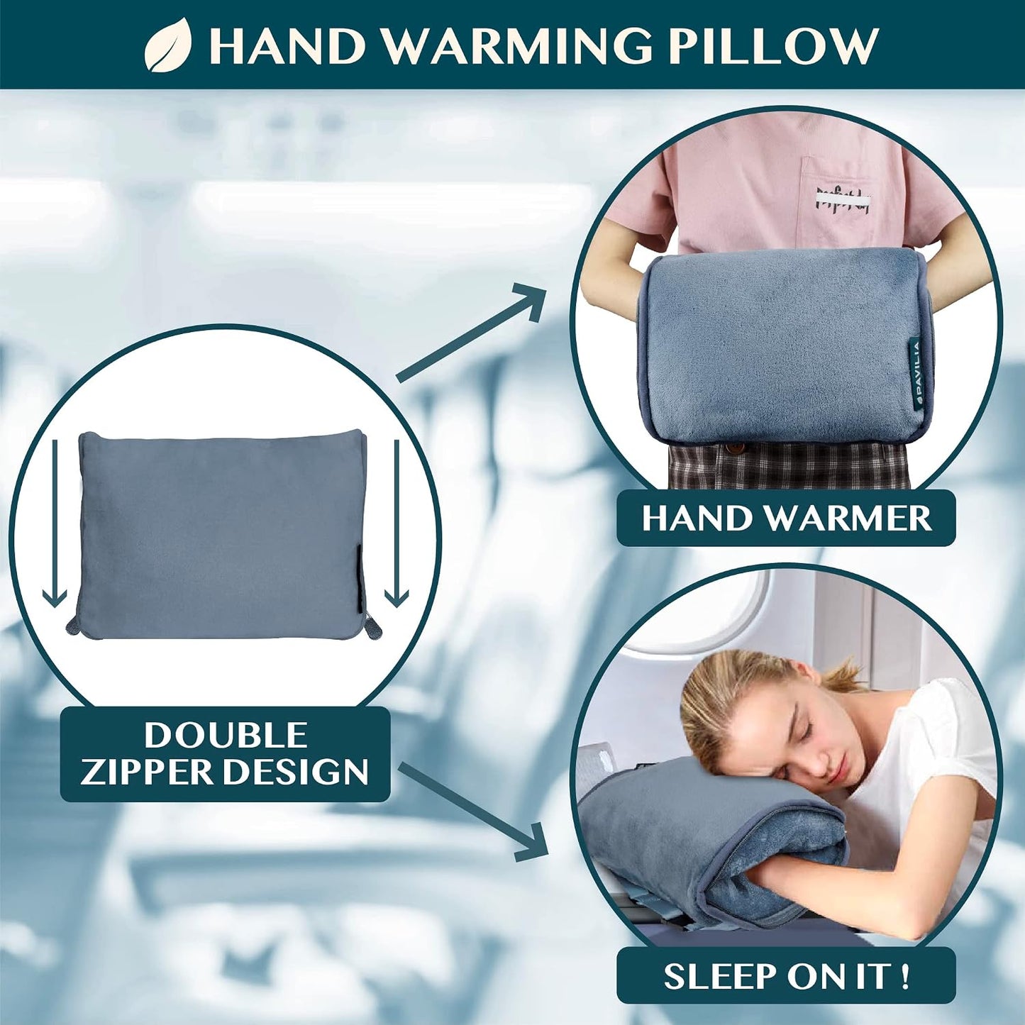 PAVILIA Travel Blanket Pillow, Soft Airplane Blanket 2-IN-1 Combo Set, Plane Blanket Compact Packable, Flight Essentials Car Pillow, Travelers Gifts Accessories Luggage Backpack Strap, 60x43 Teal Blue