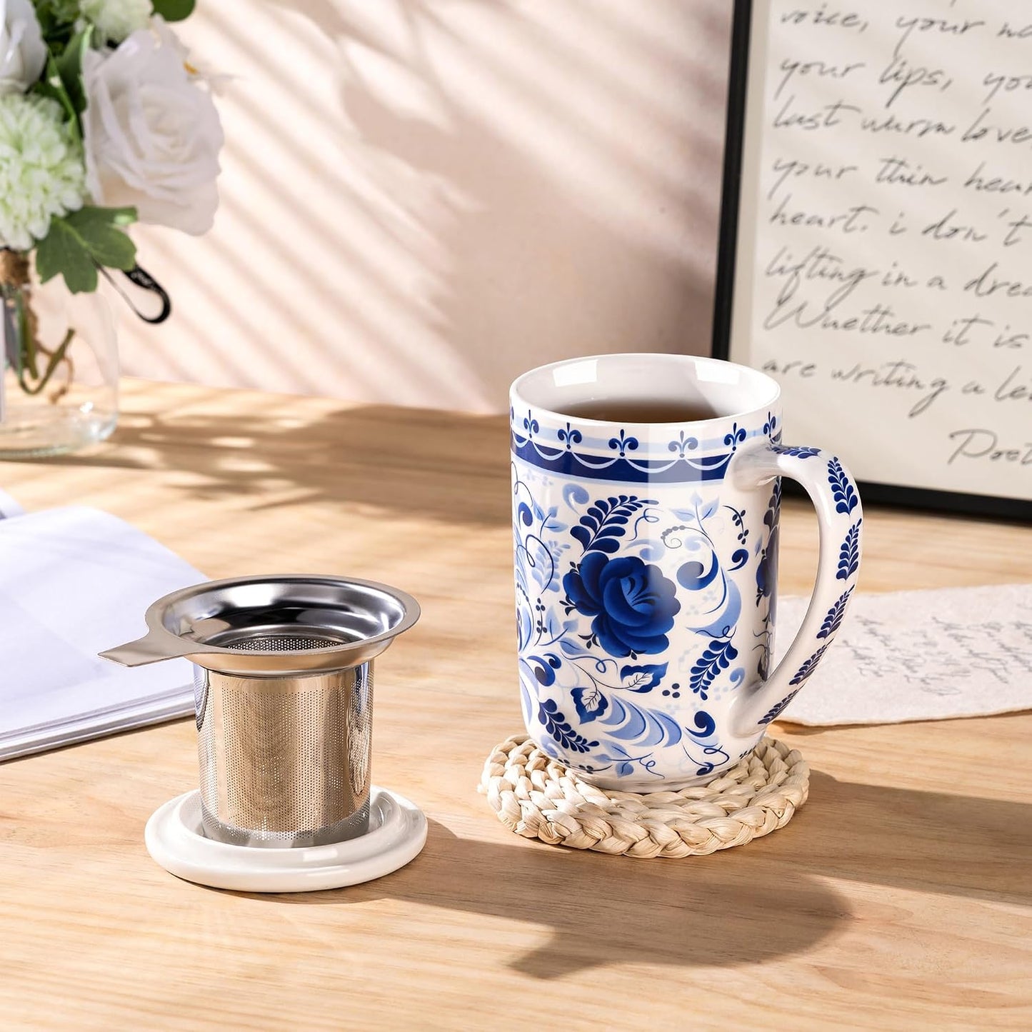 GBhome Tea Mug with Infuser and Lid, 18 Ounce Large Ceramic Loose Leaf Cup, Microwave, Dishwasher Safe, Perfect for Tea Lovers