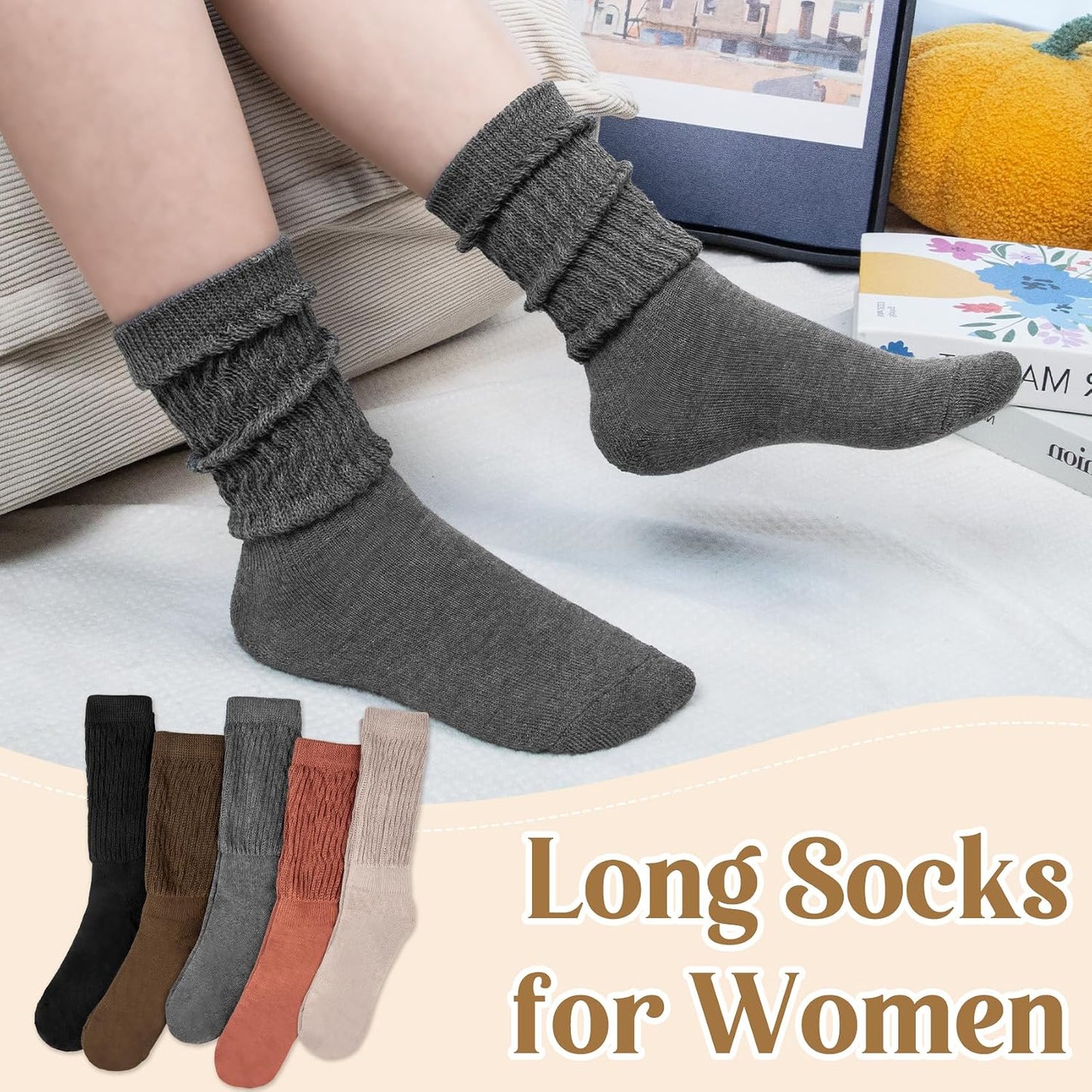 Justay 5 Pairs Slouchy Socks for Women - Slouch Long Crew Knit Boot Athletic Calf Tube Scrunch Socks