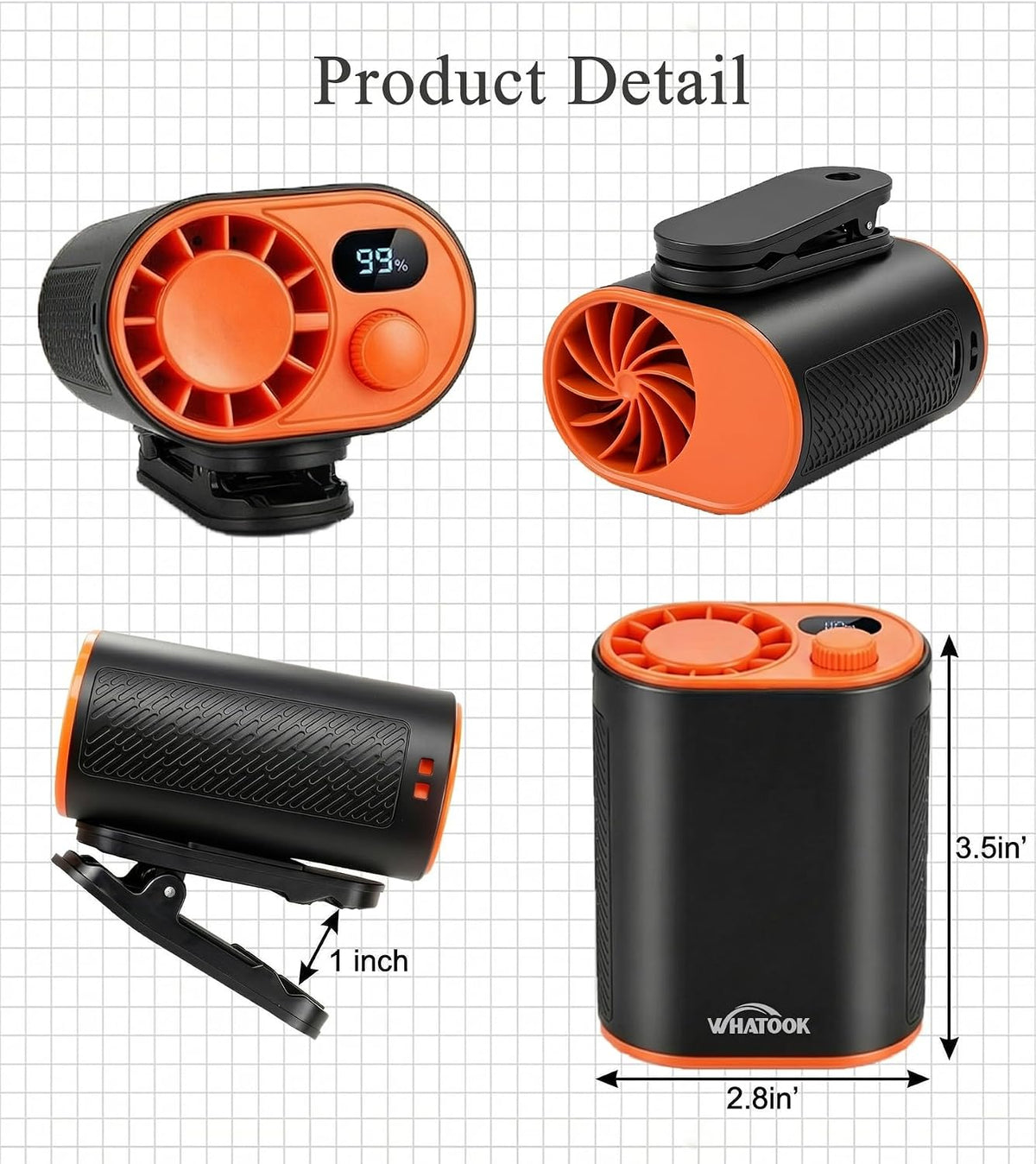 WHATOOK Waist Clip on Fan: 4000mAh Battery 15 Hours, 10m/s Cool Wind, Portable Rechargeable Wearable Personal Body Cooling Neck Fan, Handheld Cooler for Camping Travel Essentials (Black)