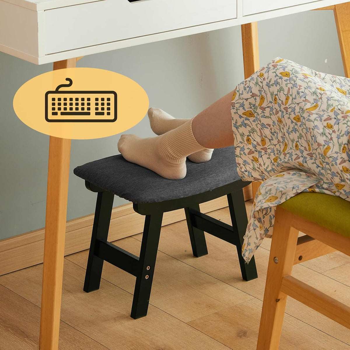 Foot Stool Ottoman Foot Rest Under Desk,Small Stool for Living Room, Bedroom and Kitchen (Brown Legs - Beige Stool Surface)