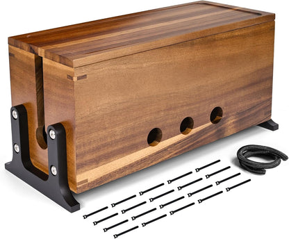 Extra Large Acacia Wood Cable Management Box, Pet Child Safe Cord Hider