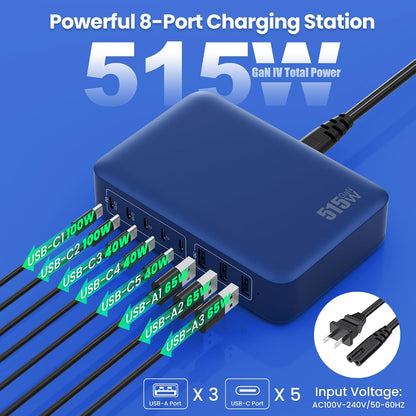 USB C Charger 200W USB C Charger Block,Upgraded GaN III 8-Port Fast Charging Station Hub,PD 65W Laptop Charging Adapter Compatible with MacBook Pro/Air,DELL,Steam Deck,iPhone 16/15/14,Galaxy S23/22