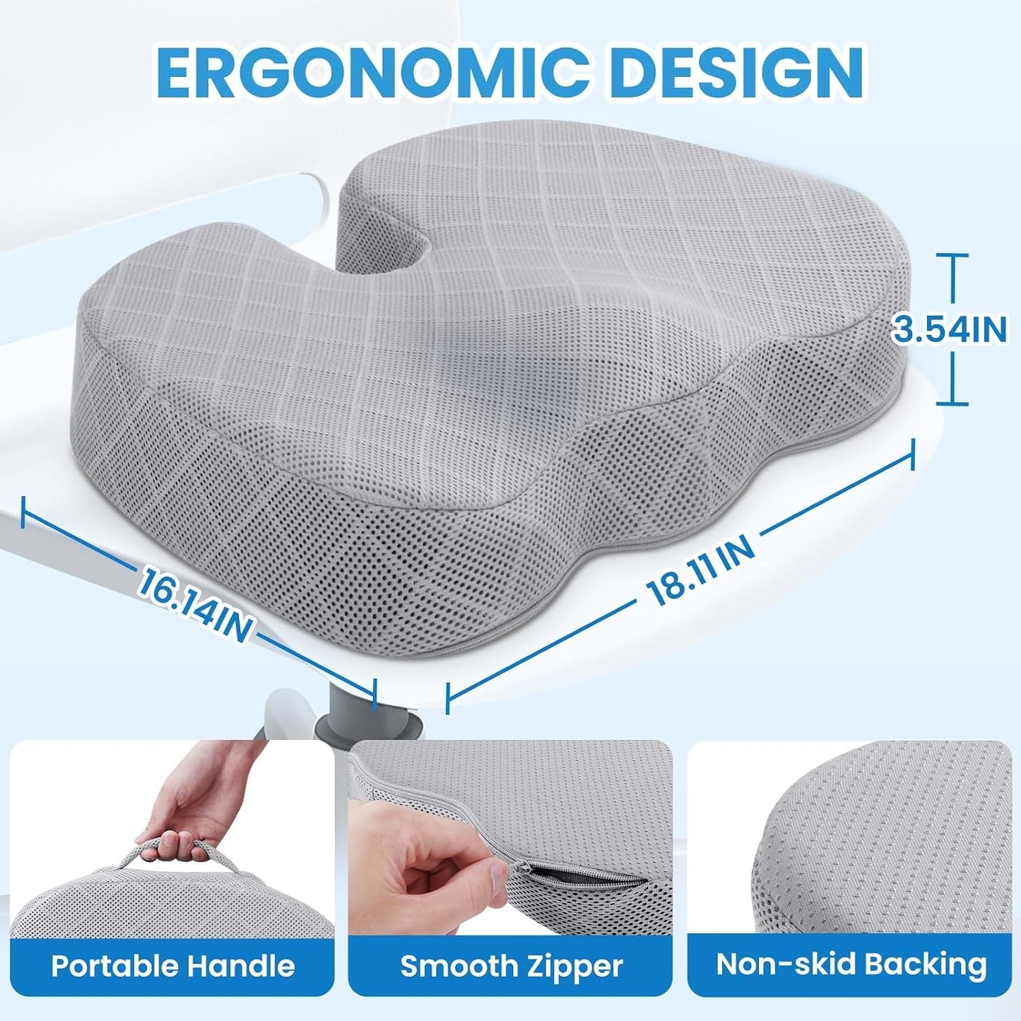 TushGuard Seat Cushion - Memory Foam Sitting Pillow for Office Chair, Car Seat, Airplane, Bleacher - Sciatica & Hip & Coccyx Pain Relief Desk Chair Cushion for Long Sitting Office Workers, Car Drivers