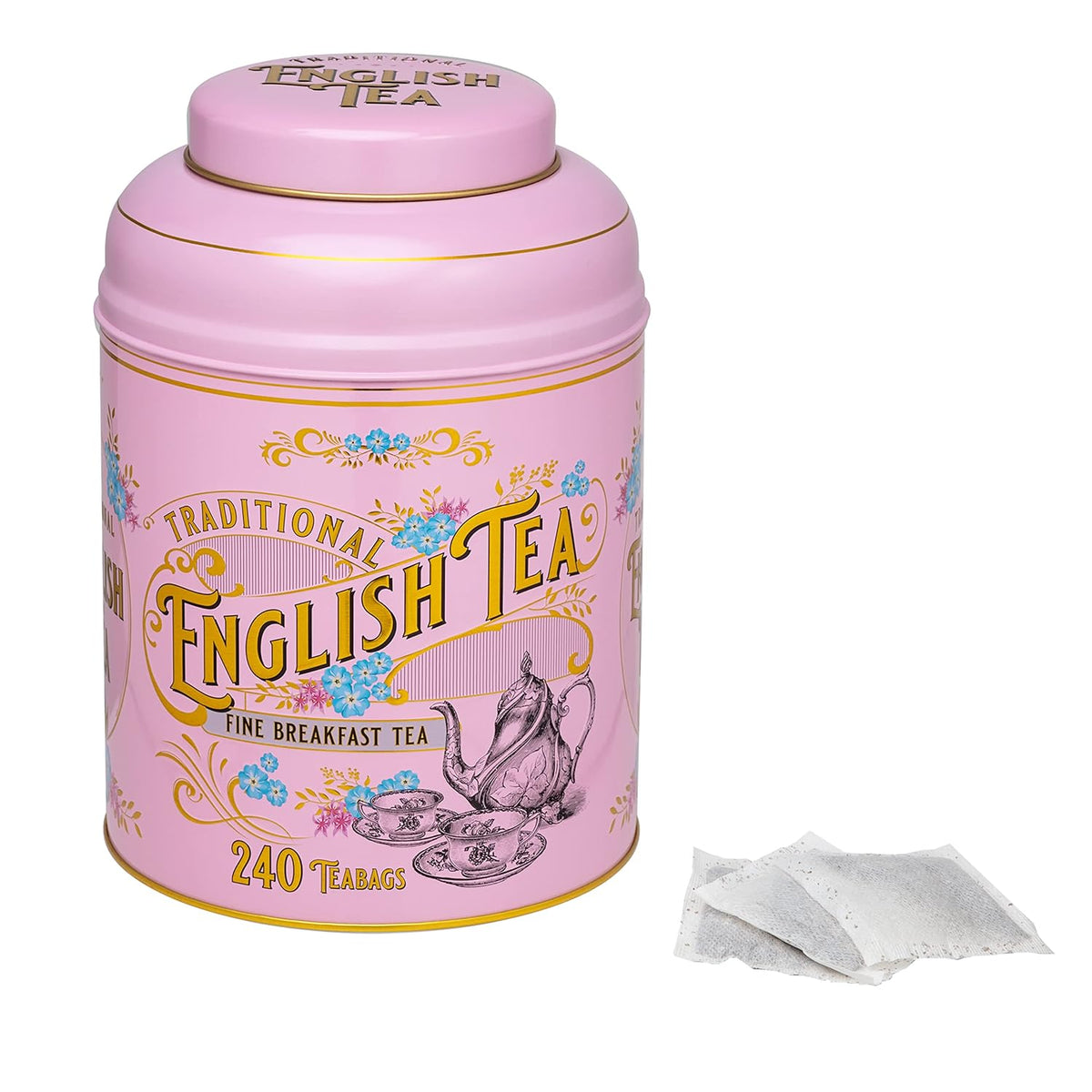 New English Teas Victorian Tea Tin with 240 Breakfast Tea Bags - Pink