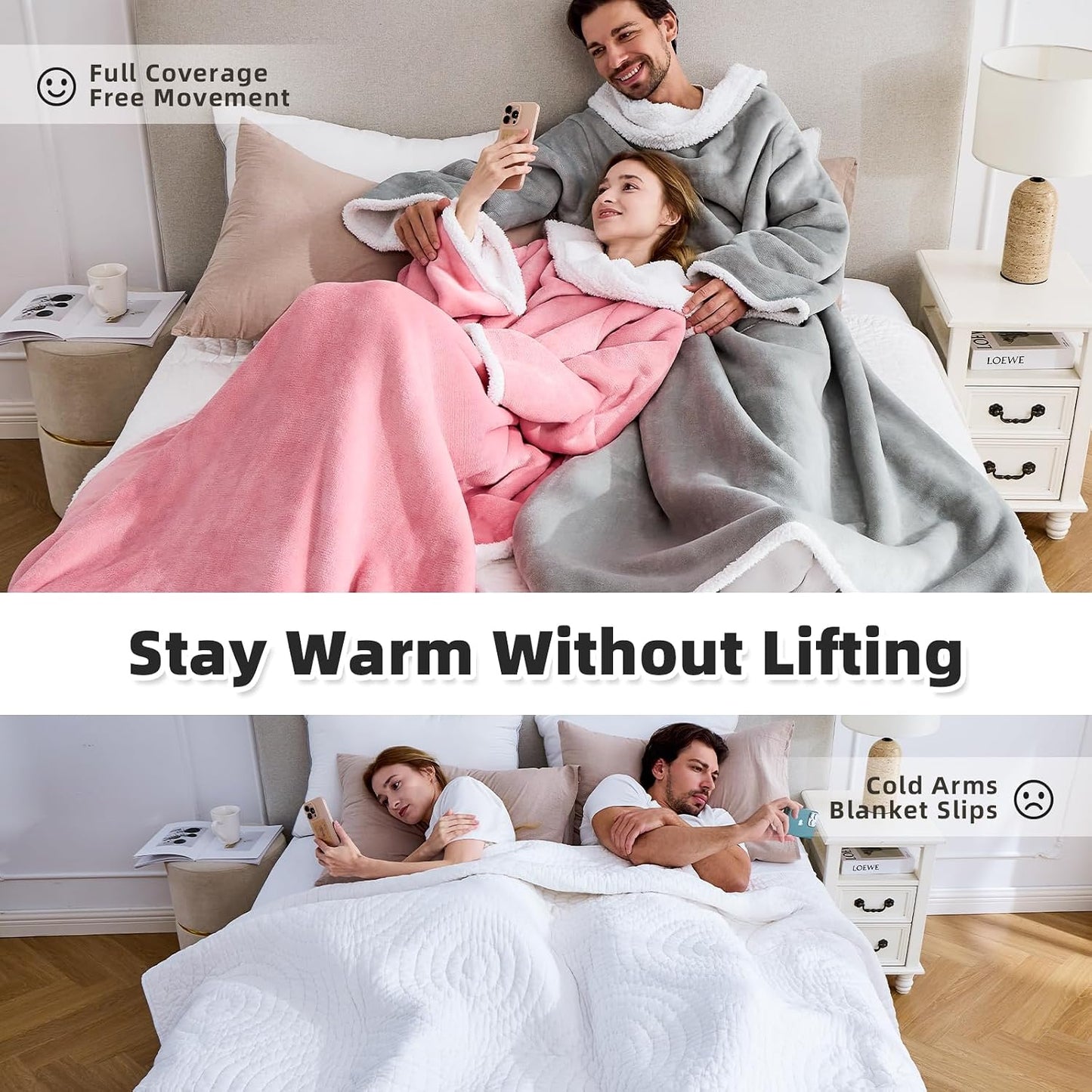 IFNOW Sherpa Wearable Blanket with Sleeves for Women Men Adults, Christmas Birthday Gifts for Women Mom Wife, Cozy Wearable Blanket with Arm and Pocket, Warm Full Body TV Wrap Throw Blanket, Grey