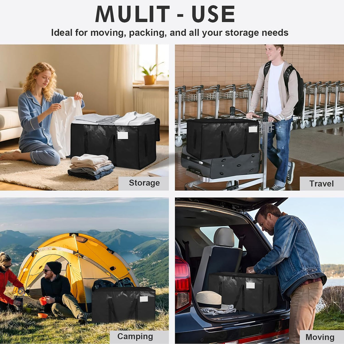 Moving Bags Extra Large - Heavy Duty Storage Totes with Wrap-Around Handles & Reinforced Zippers - Foldable Moving Box Alternative, Water-Resistant for Dorm, Closet & Under Bed Storage (Clear)