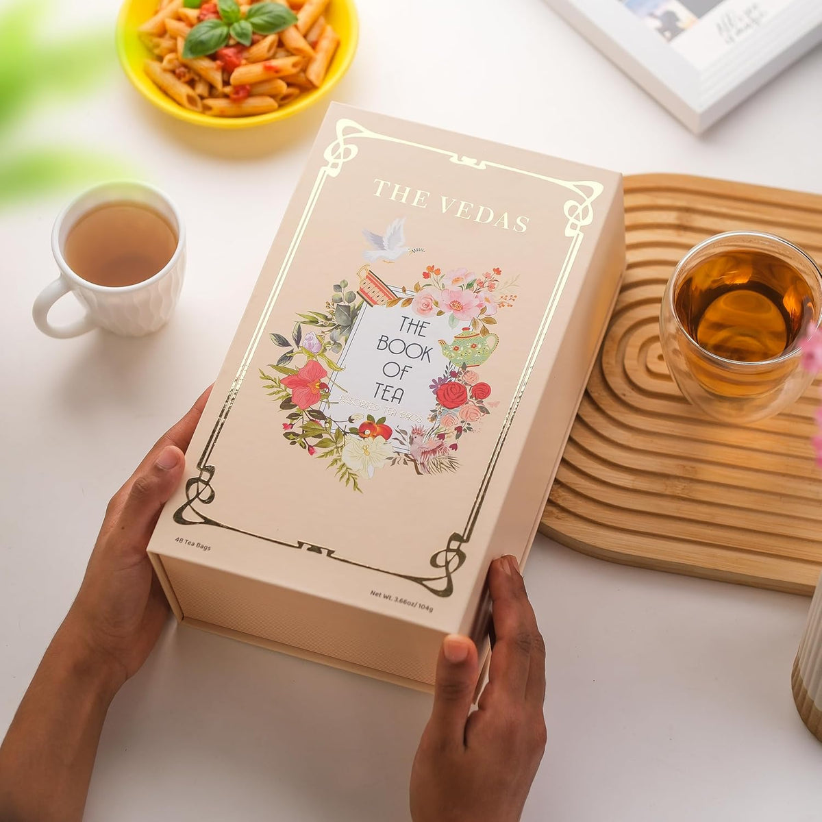 The Vedas Book Of Tea | Assorted Tea Bags Gift Box | 12 Exotic Herbal Tea Blends In Handcrafted Cotton Tea Bags & Pyramid Teabags | 4 Units of Each Variety, Net 48 | Tea Gift Hamper | Tea sampler gift set box | Tea collection | Tea sets for women gift |