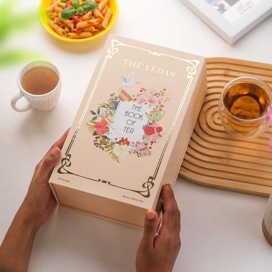 The Vedas Book Of Tea | Assorted Tea Bags Gift Box | 12 Exotic Herbal Tea Blends In Handcrafted Cotton Tea Bags & Pyramid Teabags | 4 Units of Each Variety, Net 48 | Tea Gift Hamper | Tea sampler gift set box | Tea collection | Tea sets for women gift |